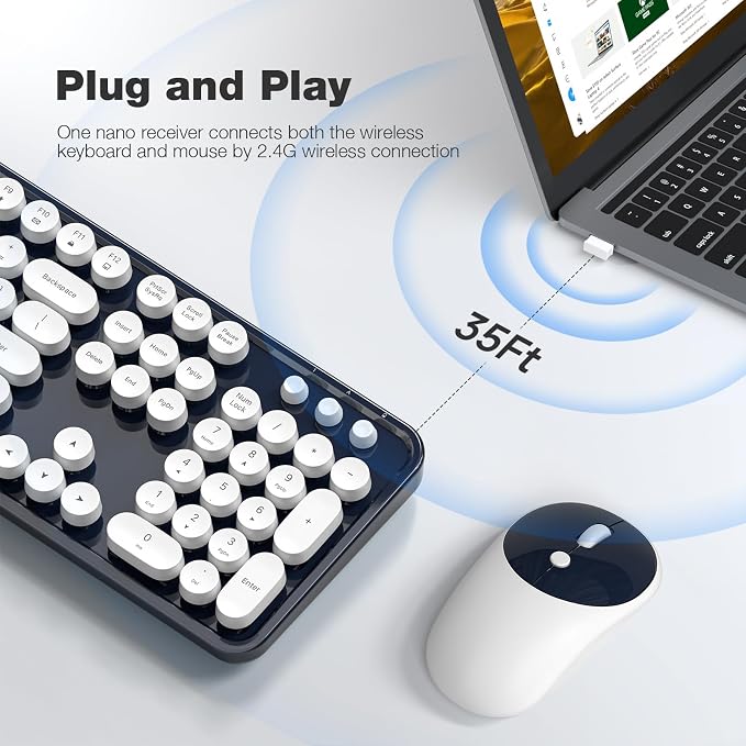 MOFII Wireless Keyboard and Mouse Combo, Computer Full Size 2.4G Plug and Play Wireless Typewriter Retro Round Keyboard and Mouse Set for Windows, Computer, Desktop, PC, Notebook - (Dark Blue)