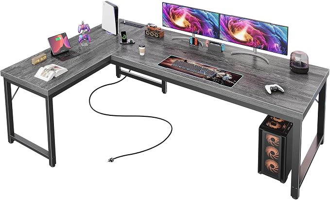 Huuger 63 Inch L Shaped Desk with Power Outlets and USB-C Port, Reversible Computer Desk, Larger Office Corner Gaming Desk, 0.95 Inch Thicker Desktop, Metal Frame, for Home Office, Study, Grey