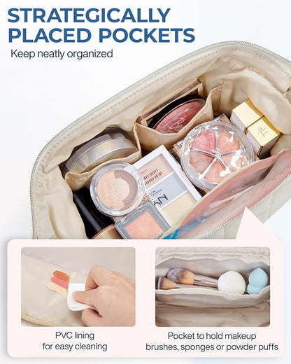 BAGSMART Makeup Bag Travel Toiletry Bag, Wide-open Zipper Pouch, Beige | Puffy Padded, Travel Essentials, Make Up Bag, For Women, Makeup Organizer, Toiletries Accessories Brushes