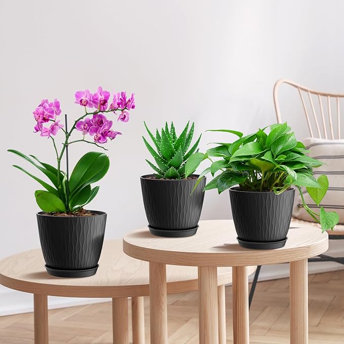 6 inch Plant Pots, 5 Pack Flower Pots with Drainage Holes and Saucers for Indoor Plants, Plastic Planters with Water Ripple for Small Garden House Plants, Nursery Pots for Succulent, Black