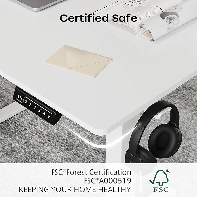White Standing Desk, 48 X 24 Inch Adjustable Height Electric Desk, Sit Stand Desk with Splice Board and 2 Hooks, Ergonomic Rising Desk for Home Office