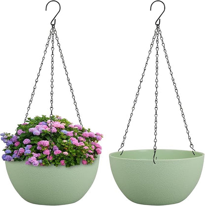 10 inch Hanging Planters Plant Pots for Indoor Outdoor Plants, 2 Pack Hanging Flower Pots with Drainage Holes and Chain for Garden Porch, Plastic Hanging Baskets for House Plants, Green