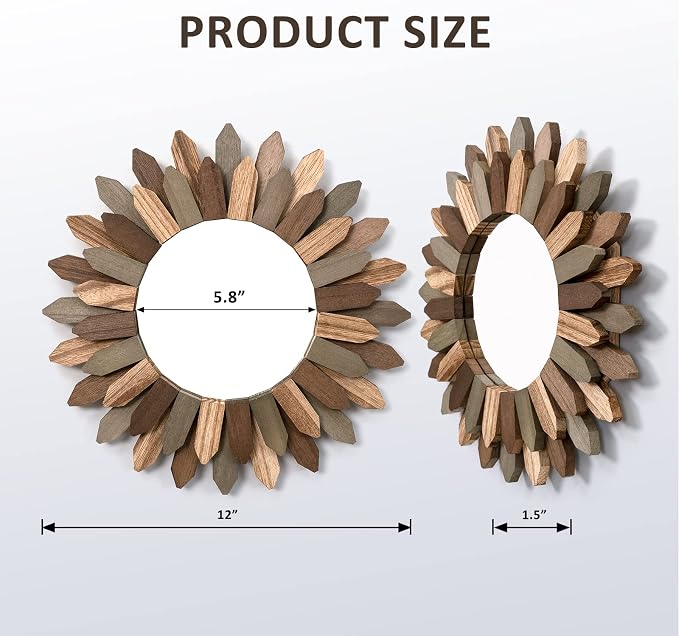 Honiway Boho Wall Decor Mirror 2 Pack 12 inch Rustic Wood Decorative Mirror for Room Decor Rustic Farmhouse Wall Decor for Bedroom Bathroom Living Room Entryway Tril Color
