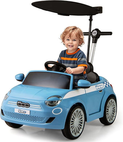 OLAKIDS Push Car for Toddlers, 3 in 1 Licensed Fiat 500e Baby Sliding Walking with Parent Control Handle Adjustable Canopy Footrest, Kids Ride on Toys with Horn for Boys Girls (Blue)