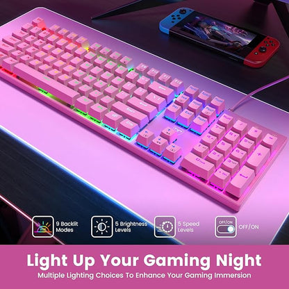 RisoPhy Mechanical Gaming Keyboard, Wired RGB 104 Keys, Blue Switch, Pink | Ultra-Slim Backlit USB Wired Keyboard, Durable ABS Keycap/Anti-Ghosting/Spill-Resistant Keyboards for PC Mac Xbox Game