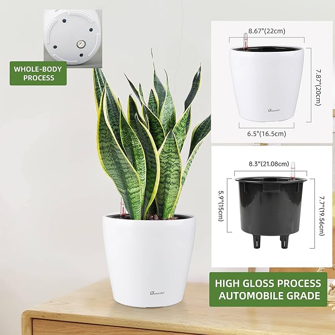 Dexceder 9x8 Inches High Gloss Self Watering Planter Indoor Outdoor, Inner Pot Design, Thickened Table Flower Plant Pot with Water Level Indicator (White)