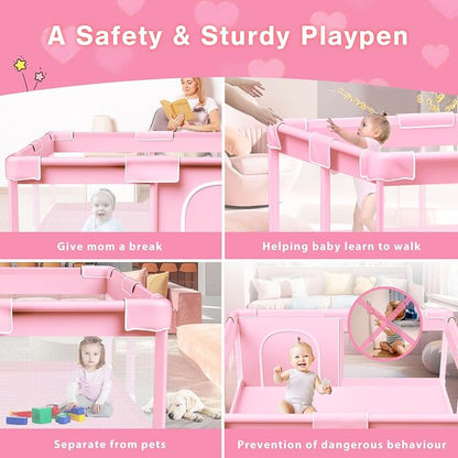 Pink Baby Playpen 50x50 Inches Playpen for Little Princess Play Yards Indoor & Outdoor Sturdy Safety Baby Girls Play Pen with Soft Breathable Mesh Toddlers Activity Center with Anti-Slip Base