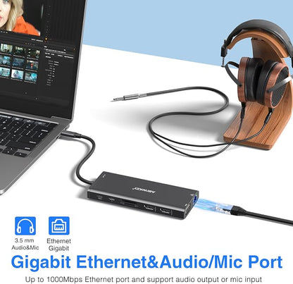 USB C Docking Station Dual Monitor for Dell/HP/Lenovo/Surface Laptop, 14 in 1 Triple Display Hub Multiple Adapter, Dongle with 2 HDMI 4K VGA 5 Port 100W PD Charger Ethernet SD/TF Audio(Black)