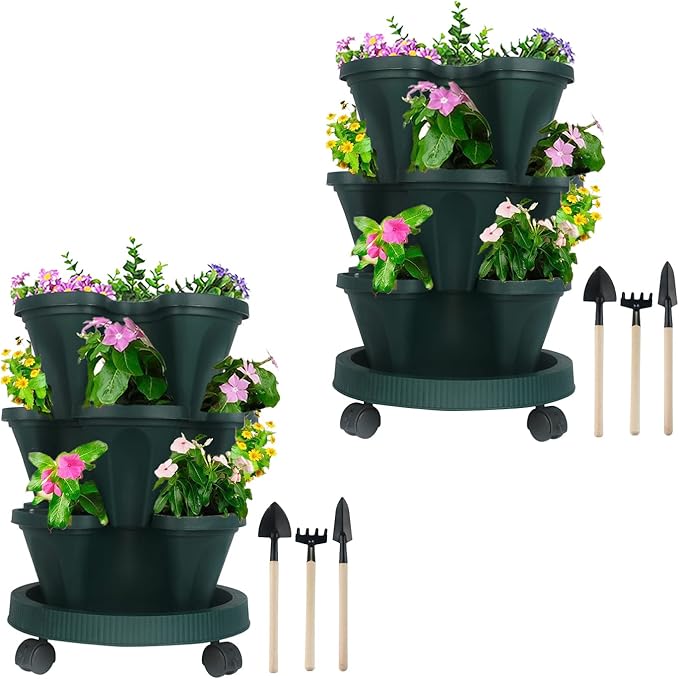 DUNCHATY Stackable Planter, Vertical Garden Planter with Wheels and Tools, Self Watering Strawberry Planter Indoor/Outdoor 3 Tier Herb Planter Pots for Growing Vegetables and Succulents,Pine Green