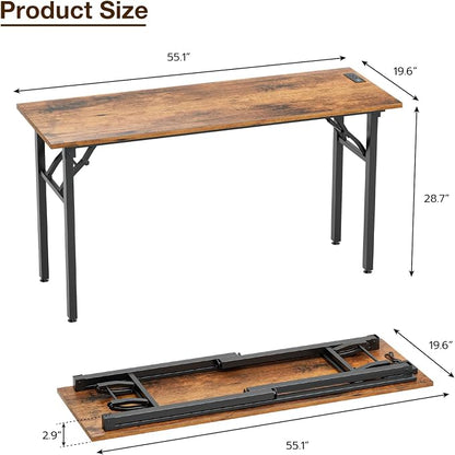 1TEMI Long Computer Desk Folding Table - No Assembly, Compact 55.1" Foldable Desk with Power Outlets & USB Charging Port, Portable Lagre Office Desk, Ideal Large Study Table for Narrow Spaces, Brown