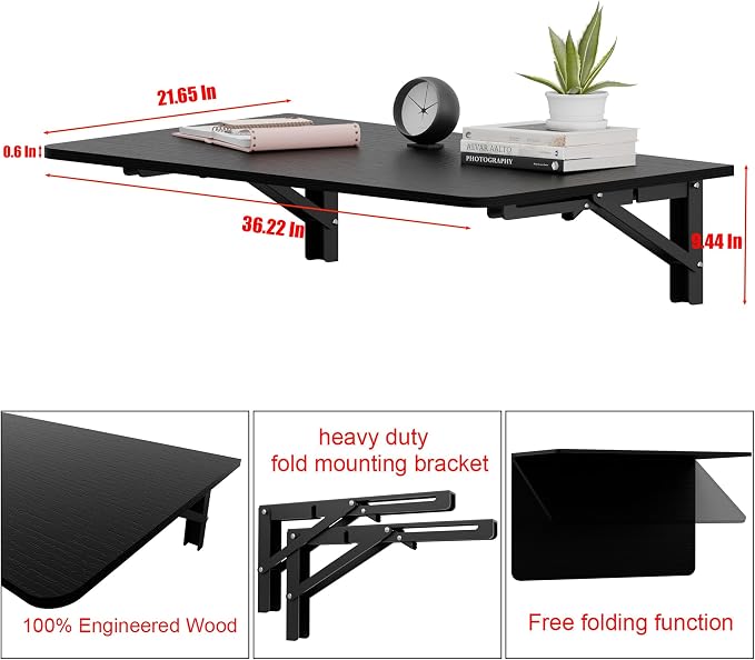 IAE 36x22in Floating Fold Desk,Wall-Mounted Folding Computer Table,Black | Study Table with Shelf Brackets,Foldable Down Shelf with Engineered Wood,Fold Computer Desk for Small Apartment,Holds 501 lb