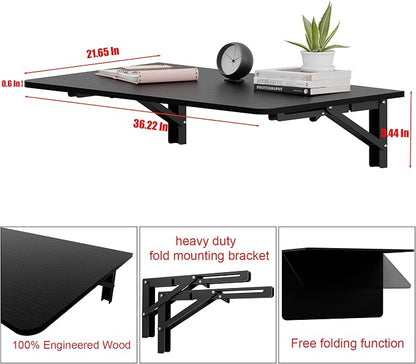 IAE 36x22in Floating Fold Desk,Wall-Mounted Folding Computer Table,Black | Study Table with Shelf Brackets,Foldable Down Shelf with Engineered Wood,Fold Computer Desk for Small Apartment,Holds 501 lb