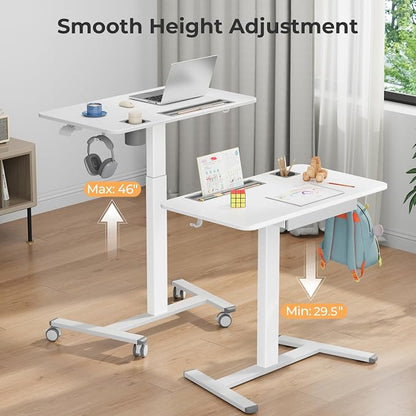 Mobile Standing Desk with Drawer, 35"×20" Small Desk, White | Portable Laptop Workstation with Cup Holder and Hooks, Height Adjustable Rolling Desk with Wheels, Teacher Classroom Use