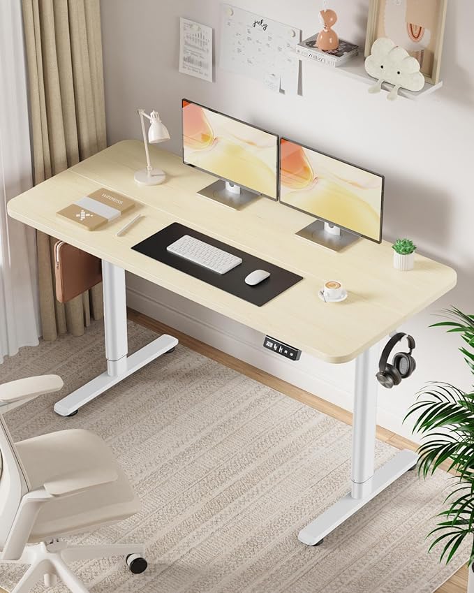 Electric Standing Desk Adjustable Height Stand Up Desk, 55" x 24" Sit Stand Desk, Low Noise Home Office Desk, Computer Desk with Splice Board, Child Lock & Memory Function, Maple