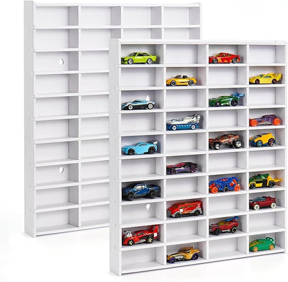 Krafetto 2 Pack Toy Car Display Shelf, Holds 80 Diecast 1/64 Toy Cars, Wall Mount Model Car Storage Organize Case, White