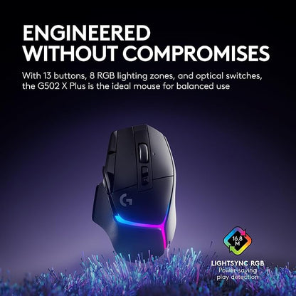 Logitech G502 X Plus Wireless RGB Gaming Mouse - Black | Optical Switches, RGB, 13 Buttons , Infinite Scroll Toggle, <130 hr Battery, USB-C, Wireless Charging Capable, for PC/MacOS