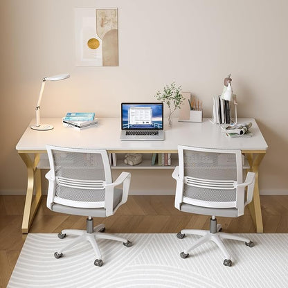 OSCHF 63-Inch Extra Long Desk with Storage Shelf, Gold | Double Long Writing Table, Space-saving, 2-Person Workstation, Modern Study Work Computer Desk, For Home Office