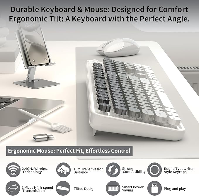 Creamy Wireless Keyboard and Mouse, MOFII 104 Round Keycaps Retro Typewriter with OTG & Brush, Full-Size Ergonomic, Ideal for Windows PC, Home, Office and College Gray White