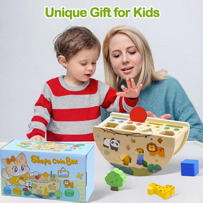 Montessori Busy Box for Toddlers 1-3, Wooden Object Permanence Coin Box with Shape Sorter & Animal Matching, Fine Motor Sensory Learning Toy with Wobble Base, Gift for 1 2 3 Year Old