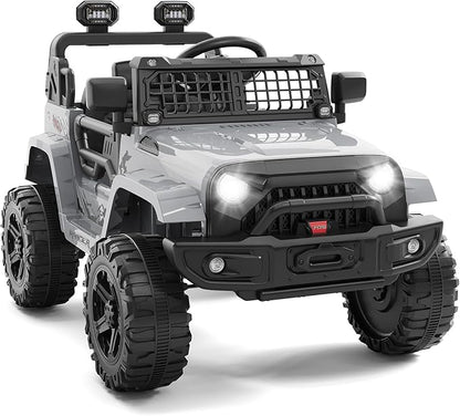 Hetoy 12V Ride on Toys with Parent Remote Control Toddler Electric Vehicle with Spring Suspension, LED Lights, Bluetooth, Music Player, 3 Speeds Ride on Car Truck for Kids Age 3-8 (Grey)