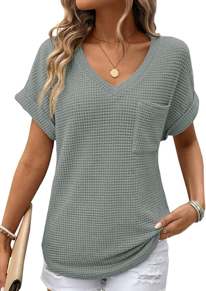 Dokotoo Womens Waffle Knit Tops 2026 Spring Summer V Neck Shirts Casual Trendy Women's Blouses Basic Tee