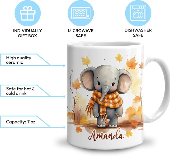 Hyturtle Personalized Fall Elephant Maple Leaves Coffee Mug, Autumn Décor | Birthday Gifts For Elephant Lovers - Fall Gifts For Farmhouse Thanksgiving - Custom Name 11oz White Ceramic Coffee Tea Mug