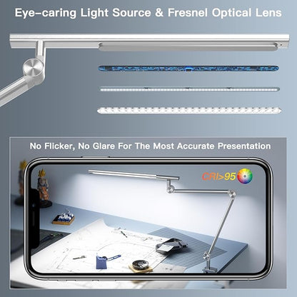 LED Desk Lamp, Desk Light for Home Office, Dual Light Source 18W Brightest, Eye-Caring Optical Lens, Task Lamp, 5 Color Modes & Brightness, Aluminum Alloy Clip on Lamp, Clamp Lamp, Silver