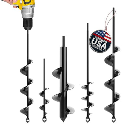 Auger Drill Bit for Planting 4 Pack – Garden Spiral Hole and Bulb Planter Tool for Umbrella Holes - Compatible with 3/8 Inch Hex Drive