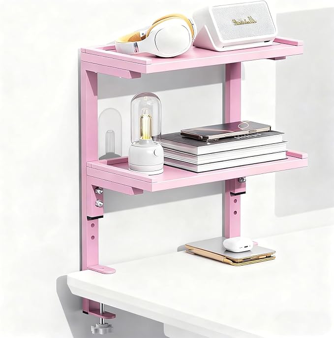 Spacrea Clamp on Desk Shelf, 2 Tier Office Desk Shelves Organizer, Wood Desktop Supplies Storage Rack, Desk Organizers and Accessories (Pink)