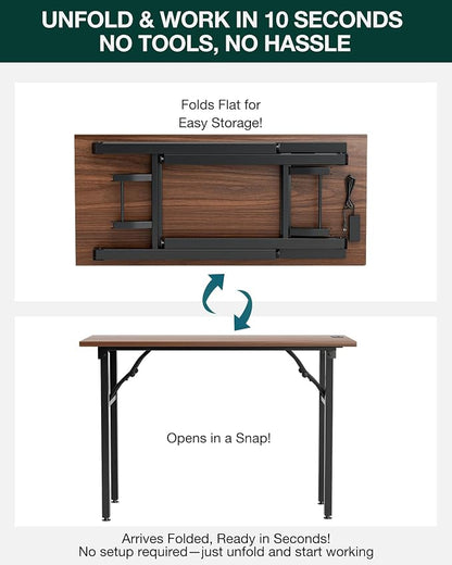 Frylr Small Folding Computer Desk – 43.3 Inch Portable Table for Craft and Study, Lightweight Desk for Small Spaces, Foldable Laptop Table Built-in AC/USB Outlets for Convenience, Dark Walnut