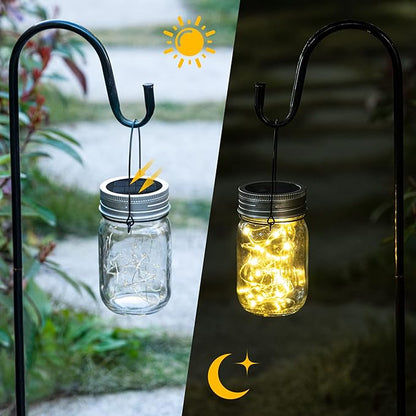 GIGALUMI Hanging Mason Jar Solar Lights, 6 Pack 30 Led Hanging Solar Lanterns Outdoor Waterproof, Hangers and Jars Included, Outdoor Decor for Balcony, Garden, Patio, Yard, Wedding