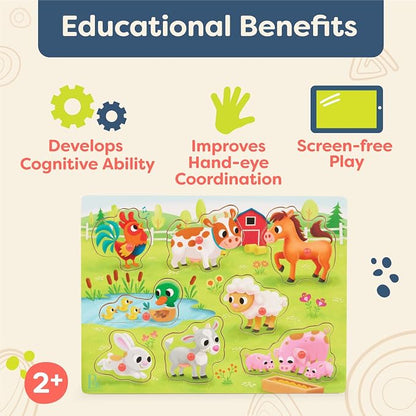 B. toys – Peek & Explore – Farm Animals – Wooden Peg Puzzle – Toddler Puzzle with 8 Animal Pieces – Cow, Horse, Sheep & More – 2+ Years