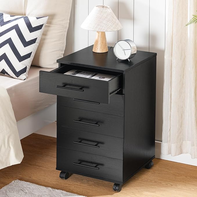 HOOBRO 5-Drawer File Cabinet, Office Cabinet with Drawers, Wooden Storage Cabinet with Wheels for Makeup, Home Office, Study, Easy Assembly, Black BK05WJ01