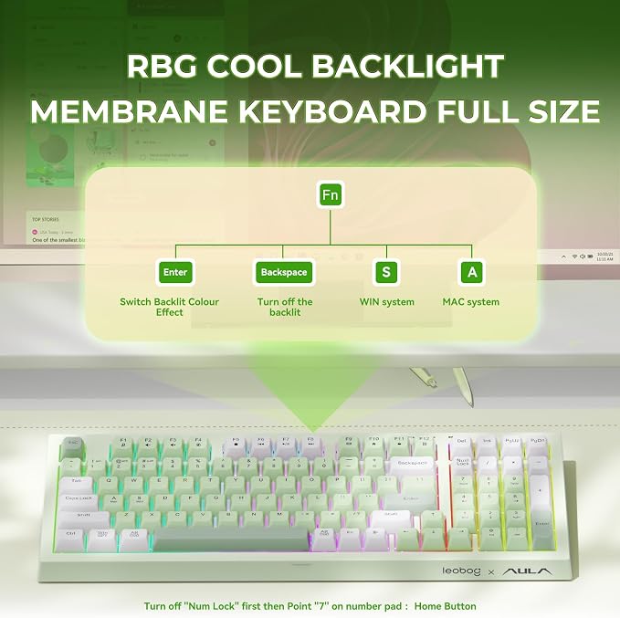 LEOBOG X Aula Green Keyboard Wireless Gaming Keyboard Creamy Silent | 98 Keys,Quiet,RGB Backlit,2000mAh Computer Keyboards Membrane Creamy Keyboard with Number Pad,Tri-Mode BT/2.4GHz/USB-C
