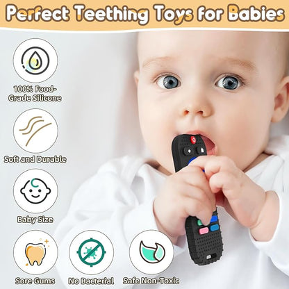 AiTuiTui Teething Relief Teethers Toys for Babies 3 6 9 12 Months Gifts, Silicone Sensory Remote Control Baby Teether Toy for Babies Newborn Infant Boy Girl Autism Toys, Blue & Black