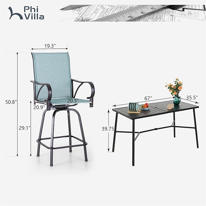 PHI VILLA 7 Piece Outdoor Bar Dining Set, High Top Patio Table and Chairs with 6 Swivel Teal Bar Stools & 40" Rectangle Metal Bar Table for Garden, Yard and Deck