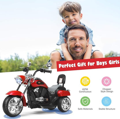 Costzon Kids Motorcycle, 6V Battery Powered Ride on Chopper Motorcycle w/Horn, Headlight, 3-Wheel Stable Ride on Toys, Electric Toddler Motorcycle for Kids Boys Girls Gift (Red)