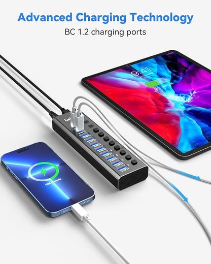 Powered USB Hub 3.2, LEINSIS 10-Port USB 3.2/USB C Hub (10Gbps USB-A 3.2 +2 USB-C 3.2 +7 USB 3.0 Ports) with Individual On/Off Switches and 12V Power Adapter, Aluminum USB Hub Powered for Laptop PC
