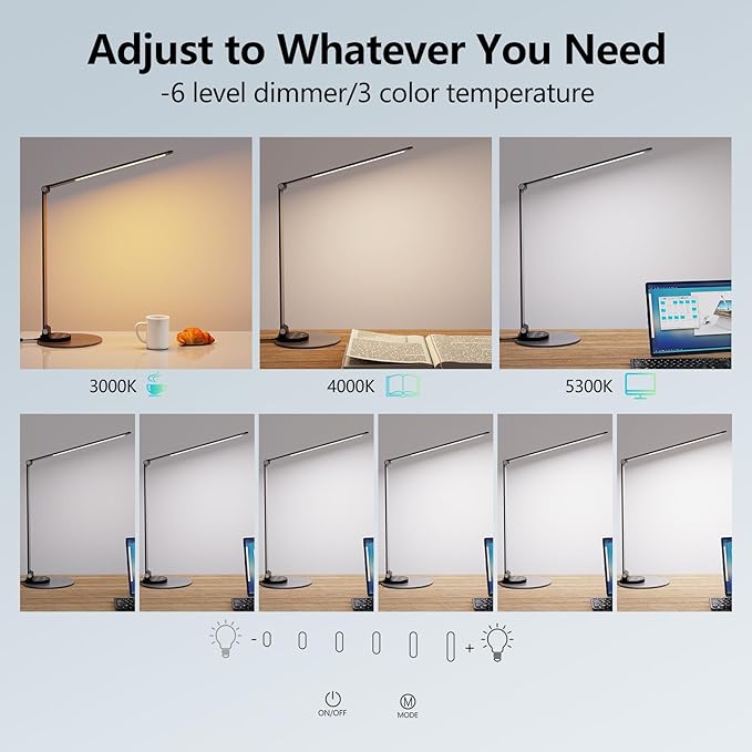 LED Desk Lamp for Home Office, Bright Desk Light Reading Table Lamps Eye-Care Touch Control with USB Charging Port, 3 Color Temperatures, 6 Brightness lighting for Desktop Study