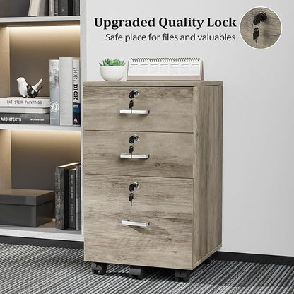 VINGLI 3-Drawer File Cabinet with Lock, Wood Rolling Under Desk File Cabinets for Home Office, Mobile Printer Stand & Filing Organizer for Letter Sized Files, 26" H(Caster Included), Rustic Gray