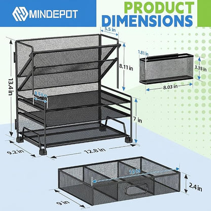 MINDEPOT 4-Tier Paper Organizer + 3-Pocket File Holder, Desktop File Organizers Paper Tray for Office School Classroom Workspace Organization (Black 2+3 Desk Organizer)