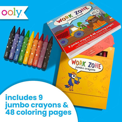 Ooly Kids Travel Activity Kit – 9 Jumbo Crayons & 48 Coloring Pages, Car Crafts for Kids, Mess-Free Road Trip Art Set, Airplane Activities – Work Zone