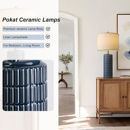 PoKat 27.5'' Tall Table Lamps for Living Room Set of 2, Ceramic Bedroom Lamps for Night Stands, Modern Bedside Lamps for Bedroom Living Room, Nightstand Lamps for Side End Table Hallway, Blue