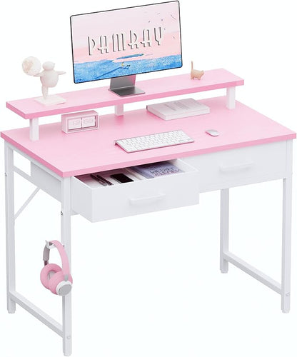 Pamray 32 Inch Small Computer Desk with Monitor Stand and 2 Drawers | Small Gaming Desk, for Bedroom Apartment and Dorm, for Study Work and Writing, Small Spaces, Sturdy, Easy Assembly
