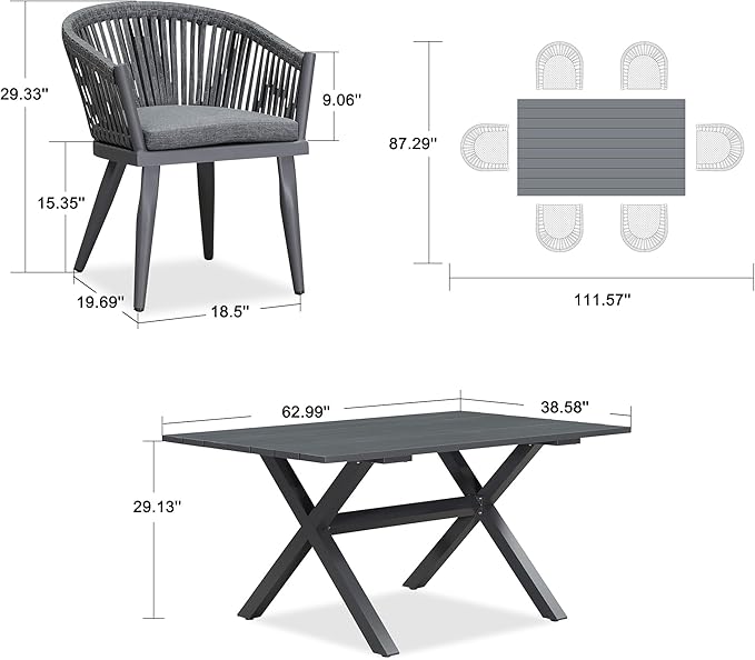 PURPLE LEAF 7 Pieces Outdoor Dining Set with Patio Aluminium Dining Table and Wicker Rattan Chairs Modern Furniture Cushions Sets for Backyard Indoor Decor Kitchen Grey