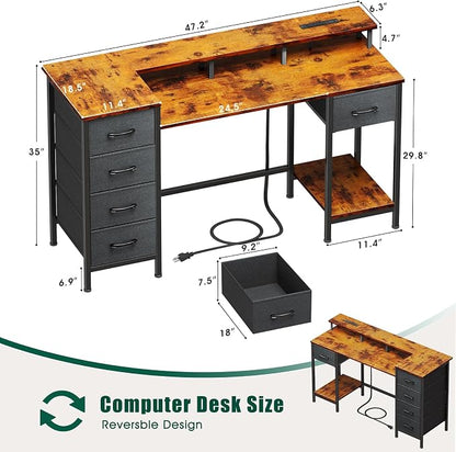 Korfile 47 Inch Computer Desk with Power Outlets,LED,5 Drawers,Rustic Brown | For gaming and working,built-in power outlets and LED lights, 5 fabric storage drawers, 47-inch, monitor stand,, rustic brown