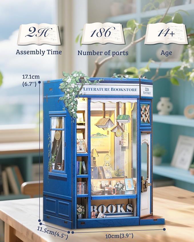 Cutefun Book Nook Kit - DIY Miniature Dollhouse Kit for Adults and Teens, Mini House Building Kit Library with LED Bookshelf Insert Decor Creative Gifts (Literature Bookstore)