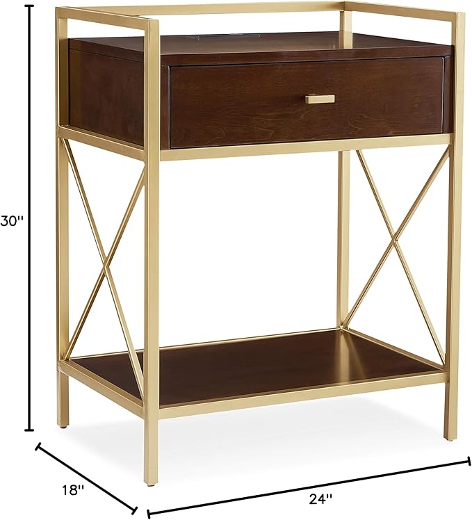 Leick Home 9069-WA One Drawer Nightstand Side Table Contemporary Modern USB-C Fast Charging Station A/C USB Charging Port Integrated Durable Solid Metal Wood Living Room Bedroom Office Walnut and Gold