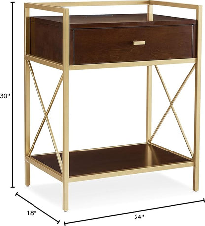 Leick Home 9069-WA One Drawer Nightstand Side Table Contemporary Modern USB-C Fast Charging Station A/C USB Charging Port Integrated Durable Solid Metal Wood Living Room Bedroom Office Walnut and Gold