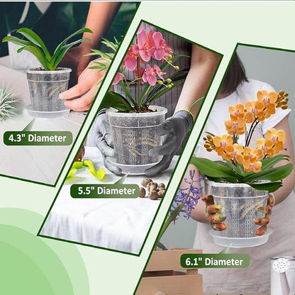 Orchid Pot with Saucers, 6 Packs of 4.3" Orchid Pots with Holes, Orchid Pots for Repotting, Plastic Orchid Planter for Indoor Outdoor Plants (6 Packs, 4.3" with Saucers)